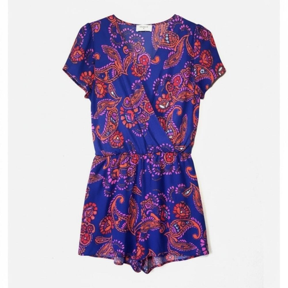 Anthropologie Everly Romper Blue Pink Orange Paisley Print V Neck Size S
